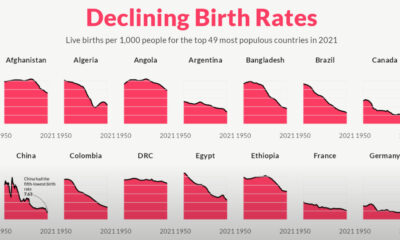 Multiple charts tracking the birth rates for the 49 most populous countries of the world, accounting for 85% of the world’s population.