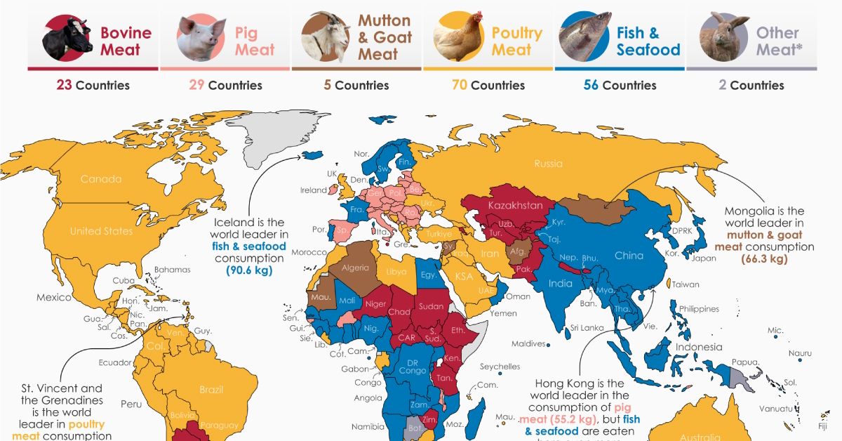 A map detailing meat consumption by country, including fish & seafood.
